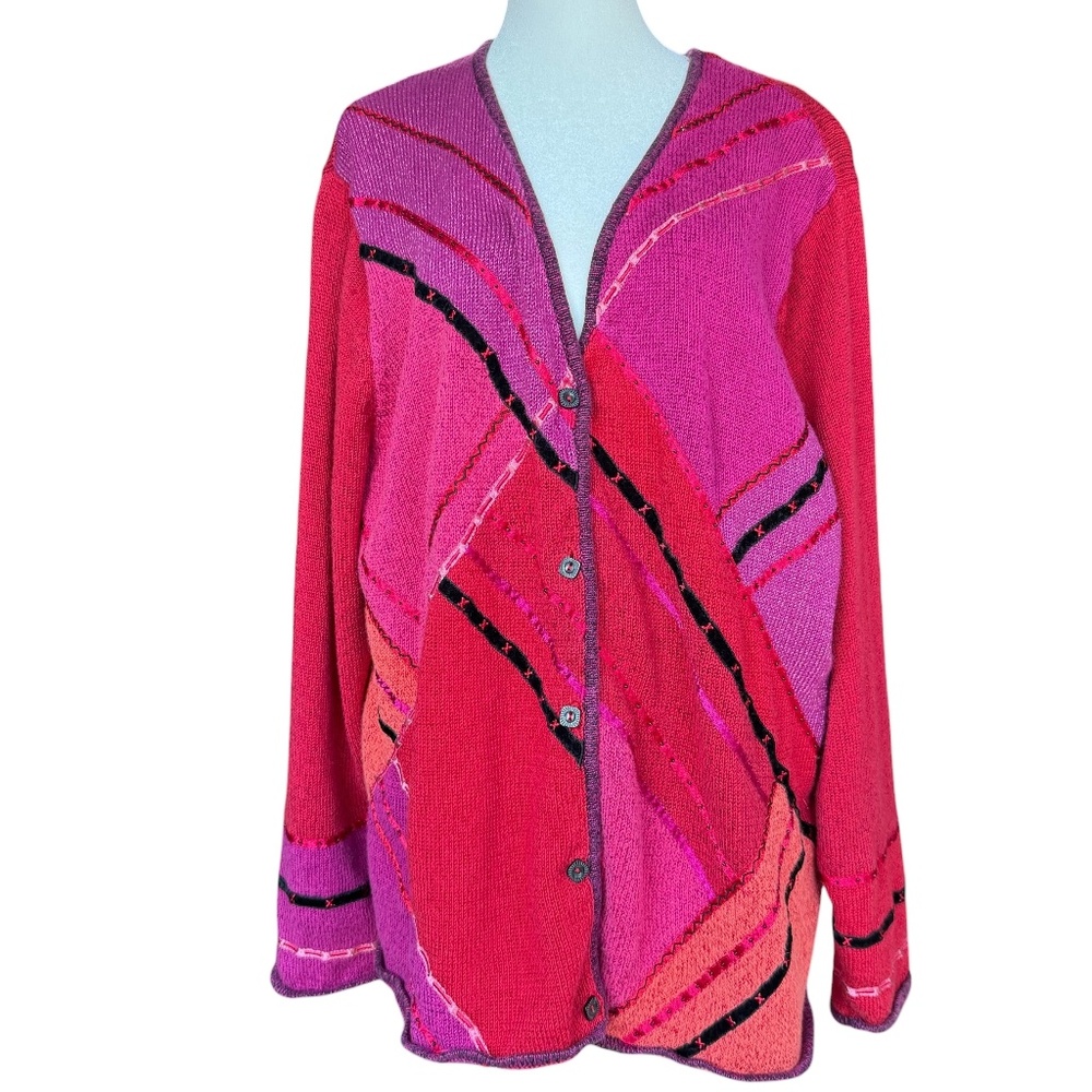 Napa Valley Whimsical Patch Print‎ Pink and Red Cardigan Sz XL